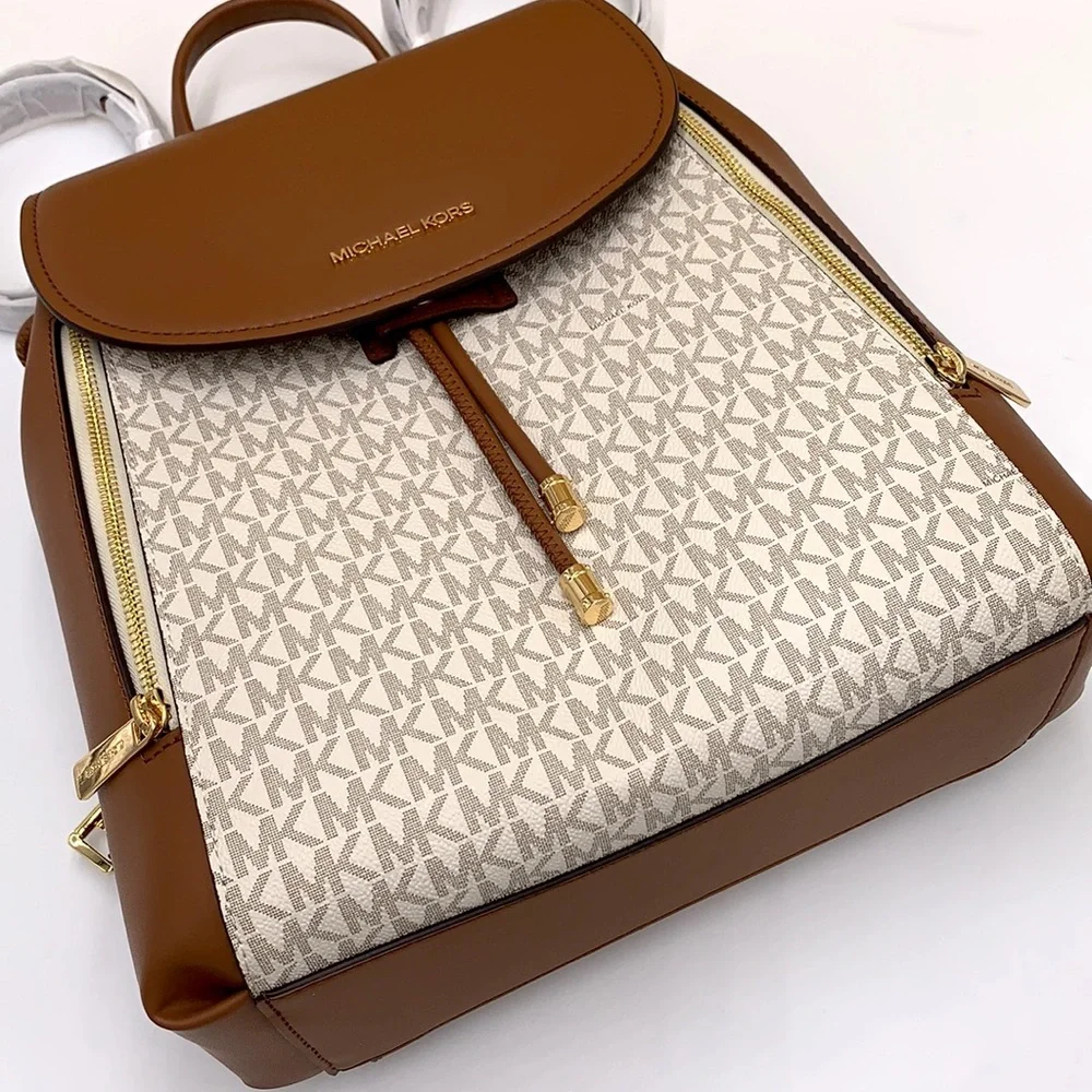 MICHAEL KORS PHOEBE MEDIUM DRAWSTRING BACKPACK VANILLA / BROWN SIGNATURE COLOR